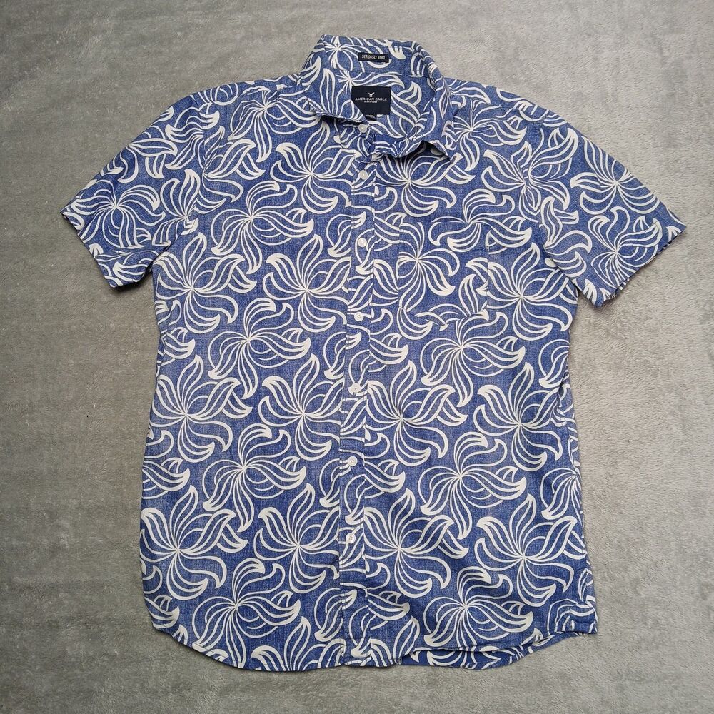 M AMERICAN EAGLE Blue White Floral Shirt Seriously-Soft Resort-Lite Clean-Fit M